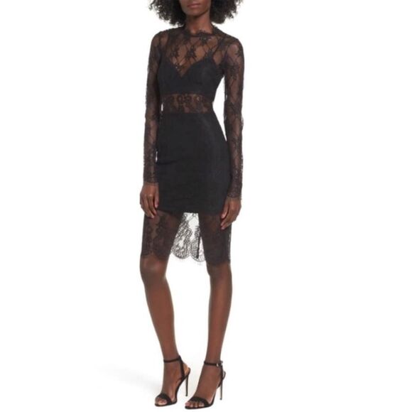 NBD Delilah Lace Long sleeve Sheer Overlay Mini BodyCon Sheath Dress - Picture 3 of 16
